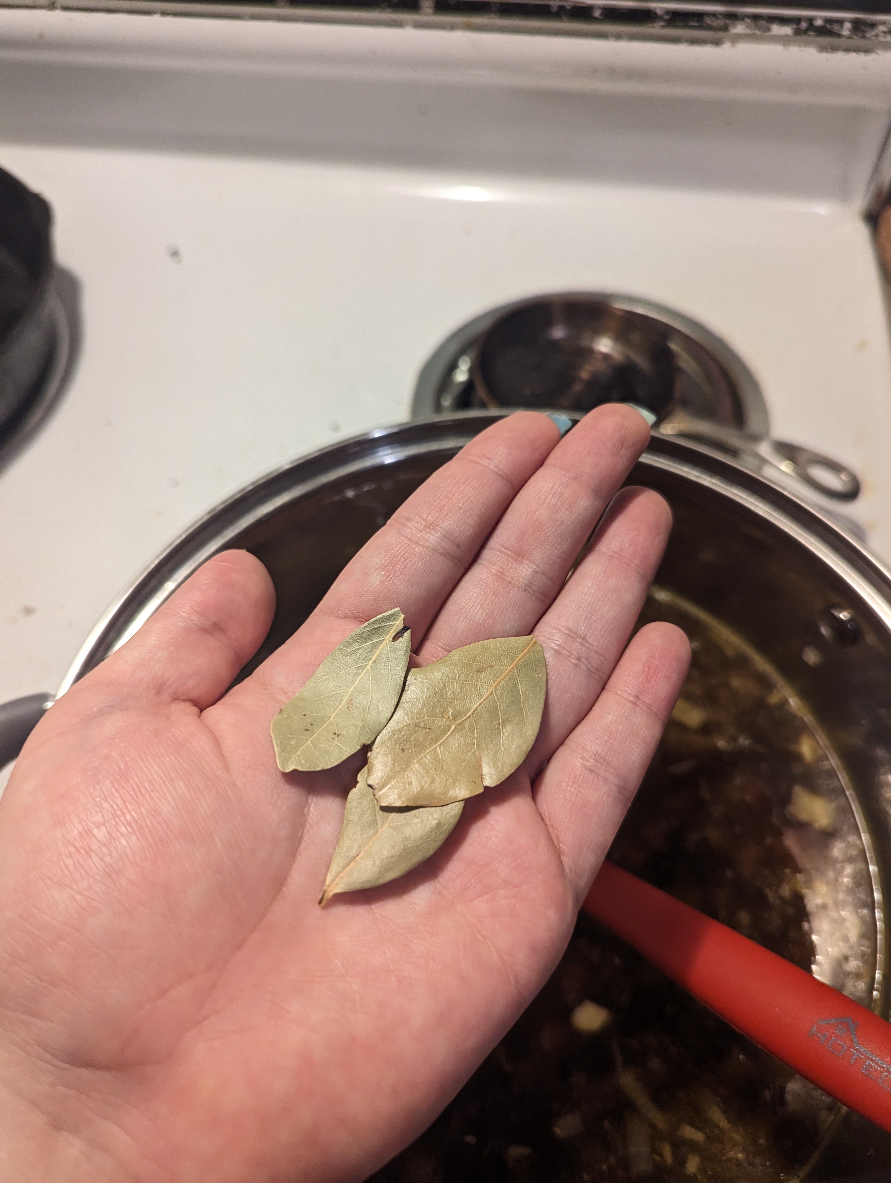 Adding 3 bay leaves to the stew